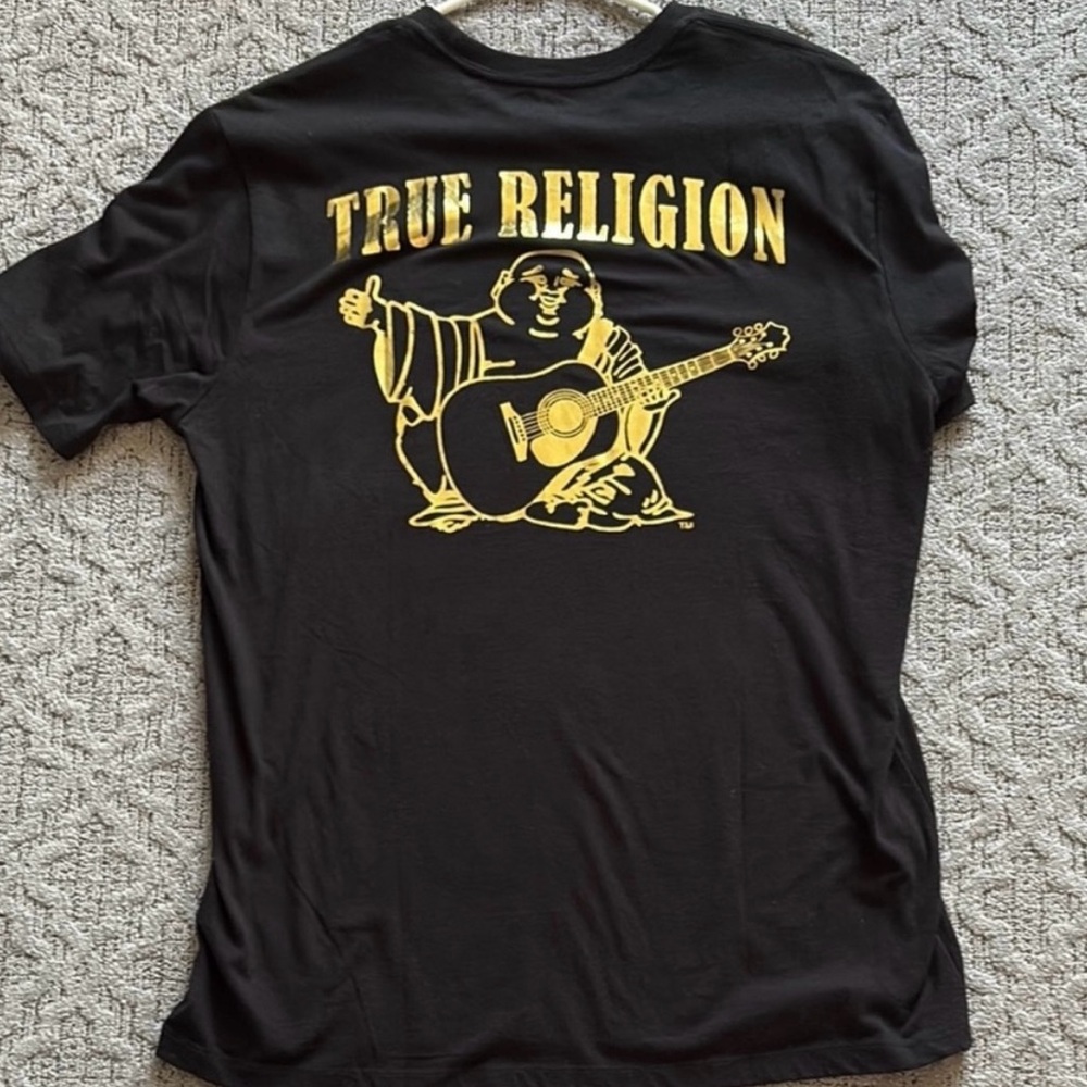 True Religion Black Tee with Gold Buddha Graphic
